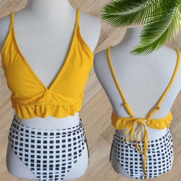 YELLOW B&W CHECK NEW TWO PIECE SWIMSUIT - Picture 1 of 1